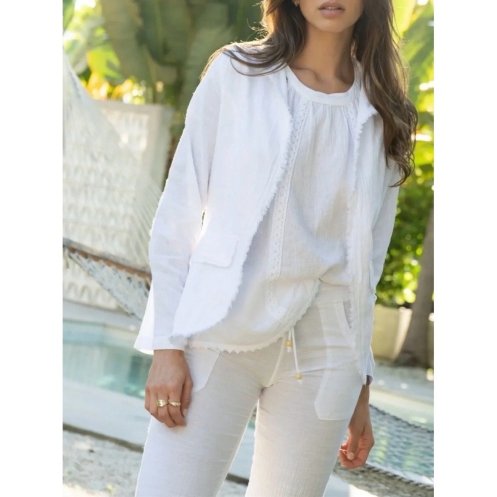 Blanco White 100% Cotton Gauze Open Front Frayed Edge Cardigan Blazer Jacket S